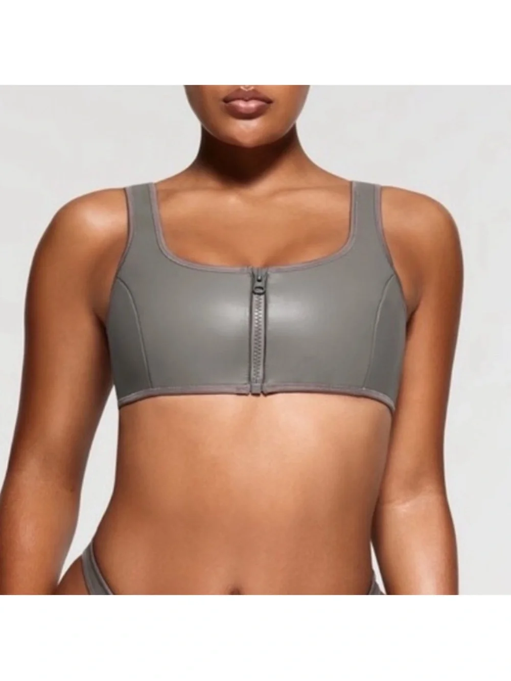 Skims Rubberized Scuba Swim Scoop Neck Bikini Top In Grey Chalk Size Medium
